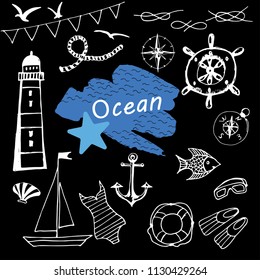 Marine elements, hand drawn boat and lighthouse, seagulls, steering wheel, fins, lifebuoy, fish, compass, knots, swimsuit, mask, icons and design elements