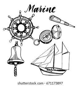 Marine elements isolated on white background. Ship captain accessories hand drawn sketch. 