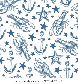 Marine elements monochrome pattern seamless with crayfish with dangerous claws and starfish with ship anchors vector illustration