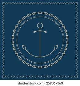 Marine emblem with anchor, retro ornament anchor and chain, vector illustration