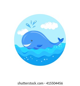 Marine emblem with cute whale. vector illustration
