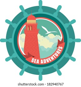 Marine emblem lighthouse in the circle on the sky background in the stick