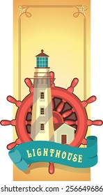 Marine emblem lighthouse on the background of the wheel to the extended height card in retro style