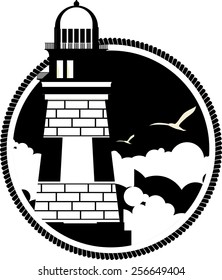 Marine emblem with a lighthouse on a round shaped black and white colors
