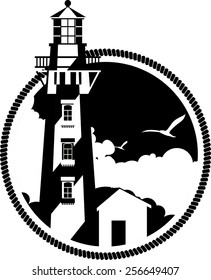 Marine emblem with a lighthouse on a round shaped black and white colors