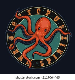Marine emblem with octopus isolated vector illustration. Design for t-shirts.