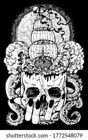 Marine emblem with old sailboat, skull and monster tentacles.  Esoteric, occult and gothic vector illustration, mystic background, engraved outline drawing, tattoo vintage print.