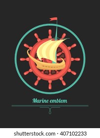 Marine emblem on a black background sailboat steering wheel