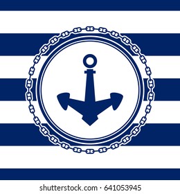 Marine Emblem on a Striped Background, Ship Anchor and Chain , Vector Illustration