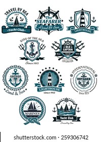 Marine emblems and banners with helm, rope, yacht, lighthouse, trident, anchor and ships