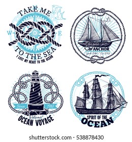 Marine emblems collection with ship wheel rope compass lighthouse in hand drawn style isolated vector illustration