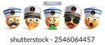 Marine emoji characters vector set. Emoji sailor ship captain character in happy, friendly, cute and smiling facial expression wearing navy hat collection. Vector illustration graphics elements design