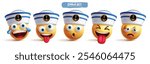 Marine emoji characters vector set. Emoji seaman clip art character in happy, naughty, craving, tired and smiling facial expression for 3d icon collection. Vector illustration graphic elements design.