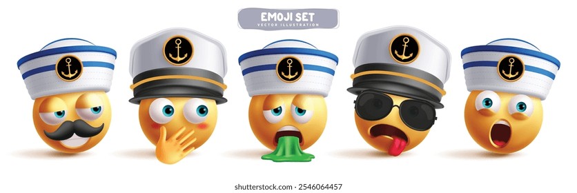 Conjunto de vetores de caracteres emojis marinhos. Emoji velejador navio capitão personagem em feliz, amigável, bonito e sorridente expressão facial vestindo coleção de chapéu da marinha. Design de elementos gráficos de ilustração vetorial