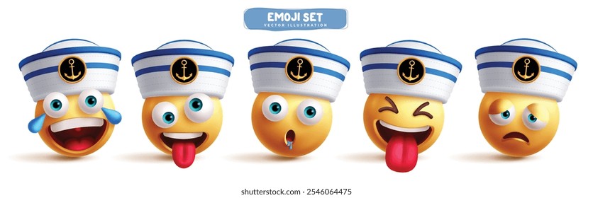 Conjunto de Vector de personajes de emoji marinos. Personaje de arte de Clip de marinero de emoji en expresión facial feliz, traviesa, ansiosa, cansada y sonriente para colección de íconos en 3D. Diseño de Elementos gráficos de Ilustración vectorial.