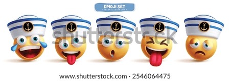 Marine emoji characters vector set. Emoji seaman clip art character in happy, naughty, craving, tired and smiling facial expression for 3d icon collection. Vector illustration graphic elements design.