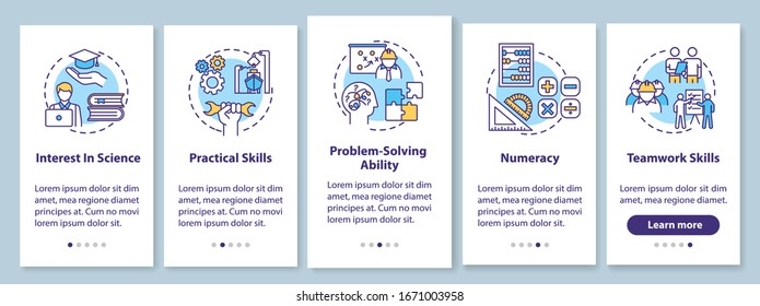 Marine engineer abilities onboarding mobile app page screen with concepts. Practical skills. Maritime training walkthrough 5 steps graphic instructions. UI vector template with RGB color illustrations