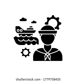 Marine engineer black glyph icon. Nautical production. Professional sailor for steering system maintenance. Job on ocean vessel. Silhouette symbol on white space. Vector isolated illustration
