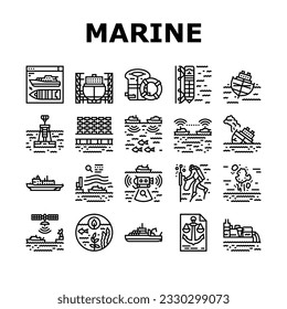 marine engineer boat mechanic icons set vector. industry nautical, ship shipping, vessel engine, machinery maritime, male worker marineengineer boat mechanic black contour illustrations