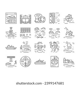 marine engineer boat mechanic icons set vector. industry nautical, ship shipping, vessel engine, machinery maritime, male worker marineengineer boat mechanic black contour illustrations