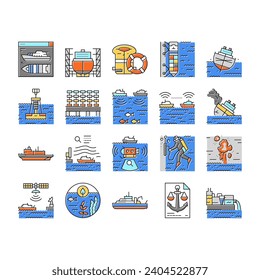 iconos mecánicos de embarcaciones de ingeniería marina set vector. industria naútica, transporte marítimo, motor de embarcación, maquinaria marítima, maquinista marina maquinista maquinista maquinista maquinista maquinista de la línea de color