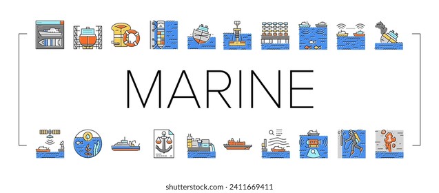 marine engineer boat mechanic icons set vector. industry nautical, ship shipping, vessel engine, machinery maritime, male worker marine engineer boat mechanic color line illustrations