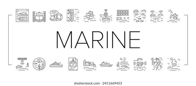 marine engineer boat mechanic icons set vector. industry nautical, ship shipping, vessel engine, machinery maritime, male worker marine engineer boat mechanic black line illustrations