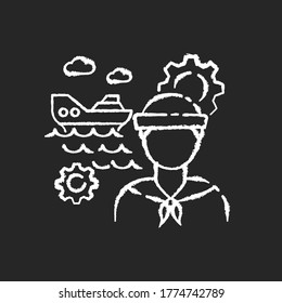 Marine engineer chalk white icon on black background. Nautical production. Professional sailor for steering system maintenance. Job on ocean vessel. Isolated vector chalkboard illustration