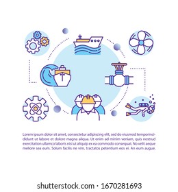 Icono de concepto de ingeniero marino con texto. tripulación de mantenimiento de buques. Exploración oceanográfica. Plantilla vectorial de página PPT. Folleto, revista, elemento de diseño del folleto con ilustraciones lineales