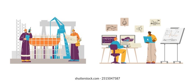 Marine engineer creating machinery construction on the computer. Shipbuilding mechanic staff, vessel technical crew analyzes technical diagrams. Ship on dockside crane. Vector flat illustrations set