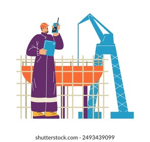 Marine engineer in helmet monitors the construction site via walkie-talkie. Vessel is being built on scaffolding. Overhead crane. Shipbuilding. Vector illustration isolated on white background.