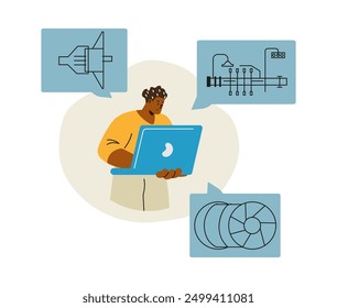 Marine engineer, vessel technical crew with laptop inspecting machinery construction. Shipbuilding mechanic staff analyzes technical diagrams. Vector flat illustration isolated on white background