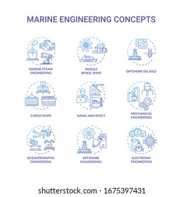 Marine engineering blue concept icons set. Paddle wheel ship. Offshore oil rig. Ship operation. Water vessel maintenance idea thin line RGB color illustrations. Vector isolated outline drawings