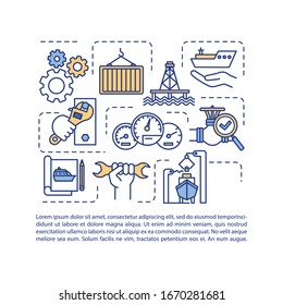 Marine engineering concept icon with text. Cargo ship. Nautical machinery. Watercraft construction. PPT page vector template. Brochure, magazine, booklet design element with linear illustrations