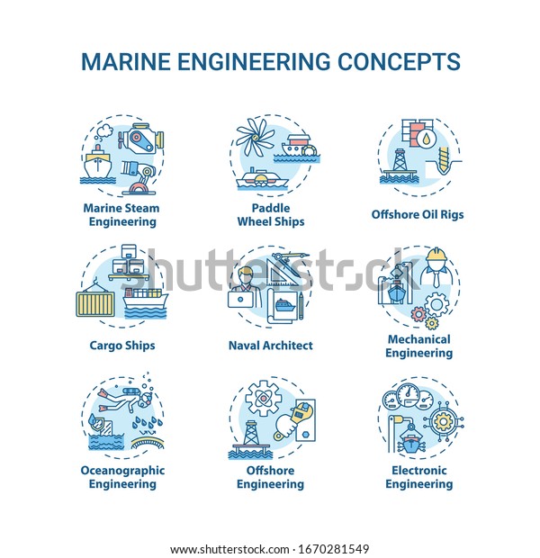 Marine\
engineering concept icons set. Paddle wheel ship. Offshore oil rig.\
Water vessel maintenance idea thin line RGB color illustrations.\
Vector isolated outline drawings. Editable\
stroke