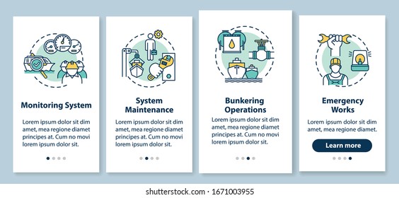 Marine engineering onboarding mobile app page screen with concepts. Water vessel maintenance walkthrough 5 steps graphic instructions. UI vector template with RGB color illustrations