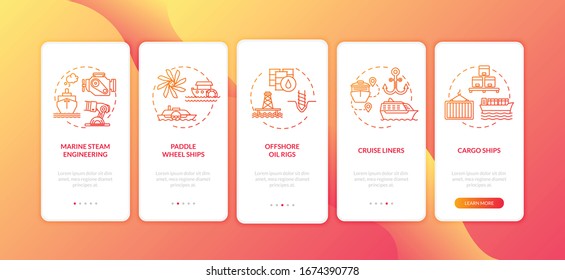 Marine engineering onboarding mobile app page screen with concepts set. Ship types transportation walkthrough 5 steps graphic instructions. UI vector template with RGB color illustrations