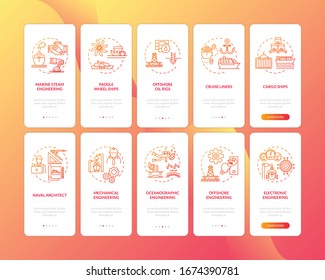 Marine engineering onboarding mobile app page screen with concepts set. Naval architecture walkthrough 5 steps graphic instructions. UI vector template with RGB color illustrations