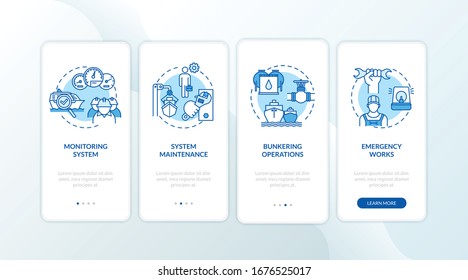Marine engineering onboarding mobile app page screen with concepts set. Water vessel engine operation walkthrough 4 steps graphic instructions. UI vector template with RGB color illustrations