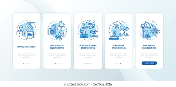 Marine engineering onboarding mobile app page screen with concepts set. Boat repair operations walkthrough 5 steps graphic instructions. UI vector template with RGB color illustrations