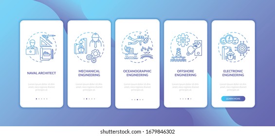Marine engineering onboarding mobile app page screen with concepts set. Offshore mechanic operation walkthrough 5 steps graphic instructions. UI vector template with RGB color illustrations
