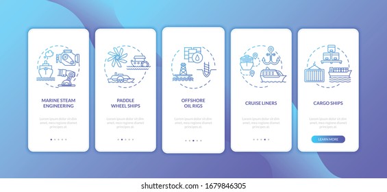 Marine engineering onboarding mobile app page screen with concepts set. Offshore cargo delivery walkthrough 5 steps graphic instructions. UI vector template with RGB color illustrations