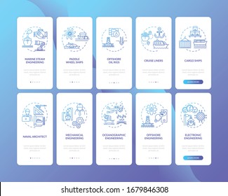 Marine engineering onboarding mobile app page screen with concepts set. Oilfield platform building walkthrough 5 steps graphic instructions. UI vector template with RGB color illustrations