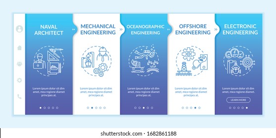 Marine engineering onboarding vector template. Naval architect. Oceanographic research. Boat machinery. Responsive mobile website with icons. Webpage walkthrough step screens. RGB color concept