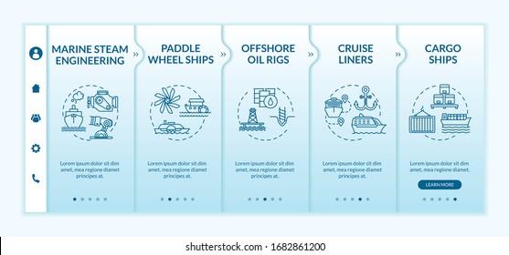 Marine engineering onboarding vector template. Paddle wheel ship. Boat types. Water vessel transportation. Responsive mobile website with icons. Webpage walkthrough step screens. RGB color concept