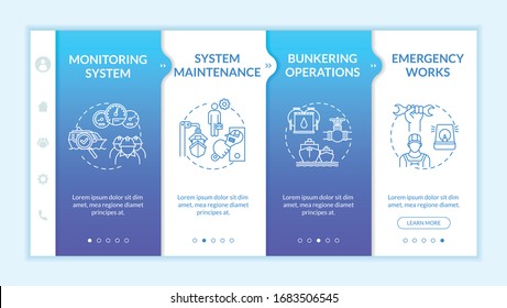 Marine engineering onboarding vector template. Ship system maintenance and operation. Refill fuel offshore. Responsive mobile website with icons. Webpage walkthrough step screens. RGB color concept