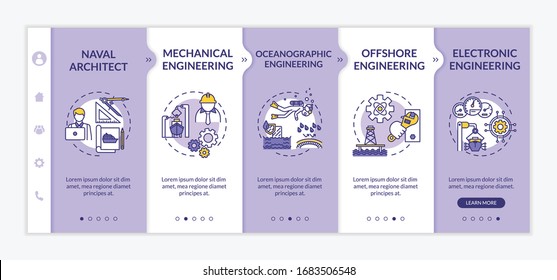 Marine engineering onboarding vector template. Offshore oil rig structure. Boat machinery repair. Responsive mobile website with icons. Webpage walkthrough step screens. RGB color concept