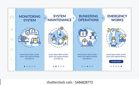 Marine engineering onboarding vector template. Monitoring system for ships. Professional engineer team. Responsive mobile website with icons. Webpage walkthrough step screens. RGB color concept