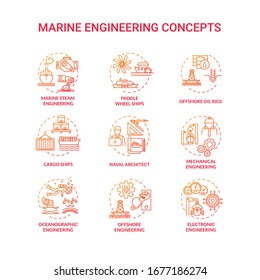 Marine engineering red concept icons set. Paddle wheel ship. Offshore oil rig. Naval architect. Water vessel maintenance idea thin line RGB color illustrations. Vector isolated outline drawings