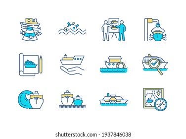 Juego de iconos de color RGB de ingeniería marina. Desarrollo de estructuras flotantes. Oceanografía. Cruizando. Seguridad marina. Buques marinos de diseño. Defensa naval. Viajes marítimos. Ilustraciones vectoriales aisladas